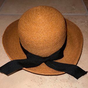 Scala Auburn Packable Crushable Rafia Straw Sun Hat, Black Bow.  21" Inner Diam.